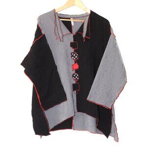 XIAO Patchwork Artsy Top Size XL Color Block Blouse USA 3/4 sleeves asymmetrical